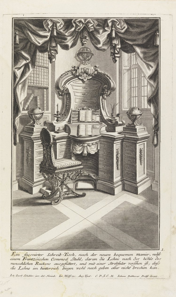 Et formet skrivebord, ... (skrivebord og stol) av Johann Jacob Schubler