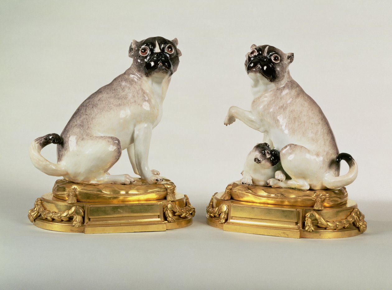 Par Meissen porselensfigurer av mopshunder montert i Louis XVI ormolu, ca. 1750 (porselen) av Johann Joachim Kaendler