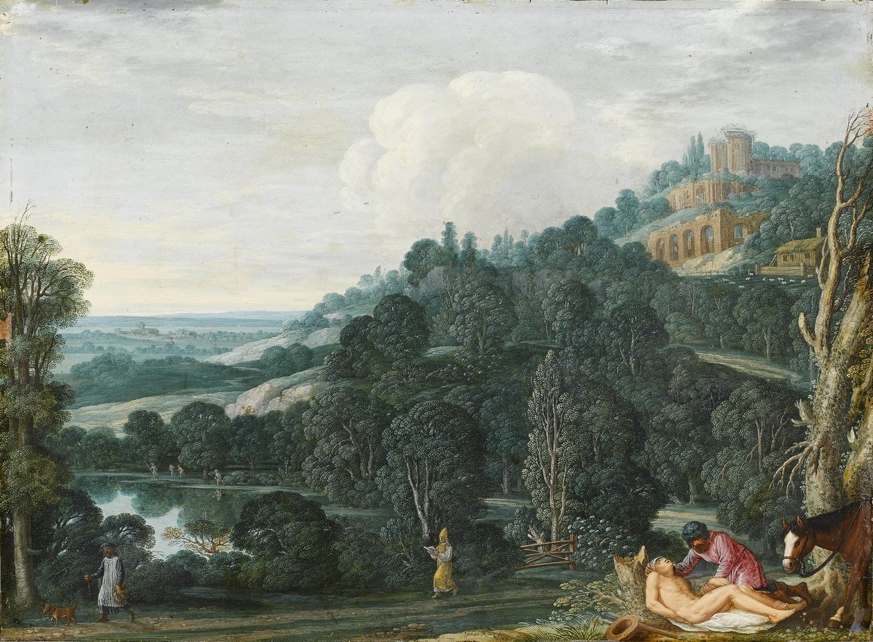 Et omfattende landskap med Den barmhjertige samaritan av Johann or Hans Konig