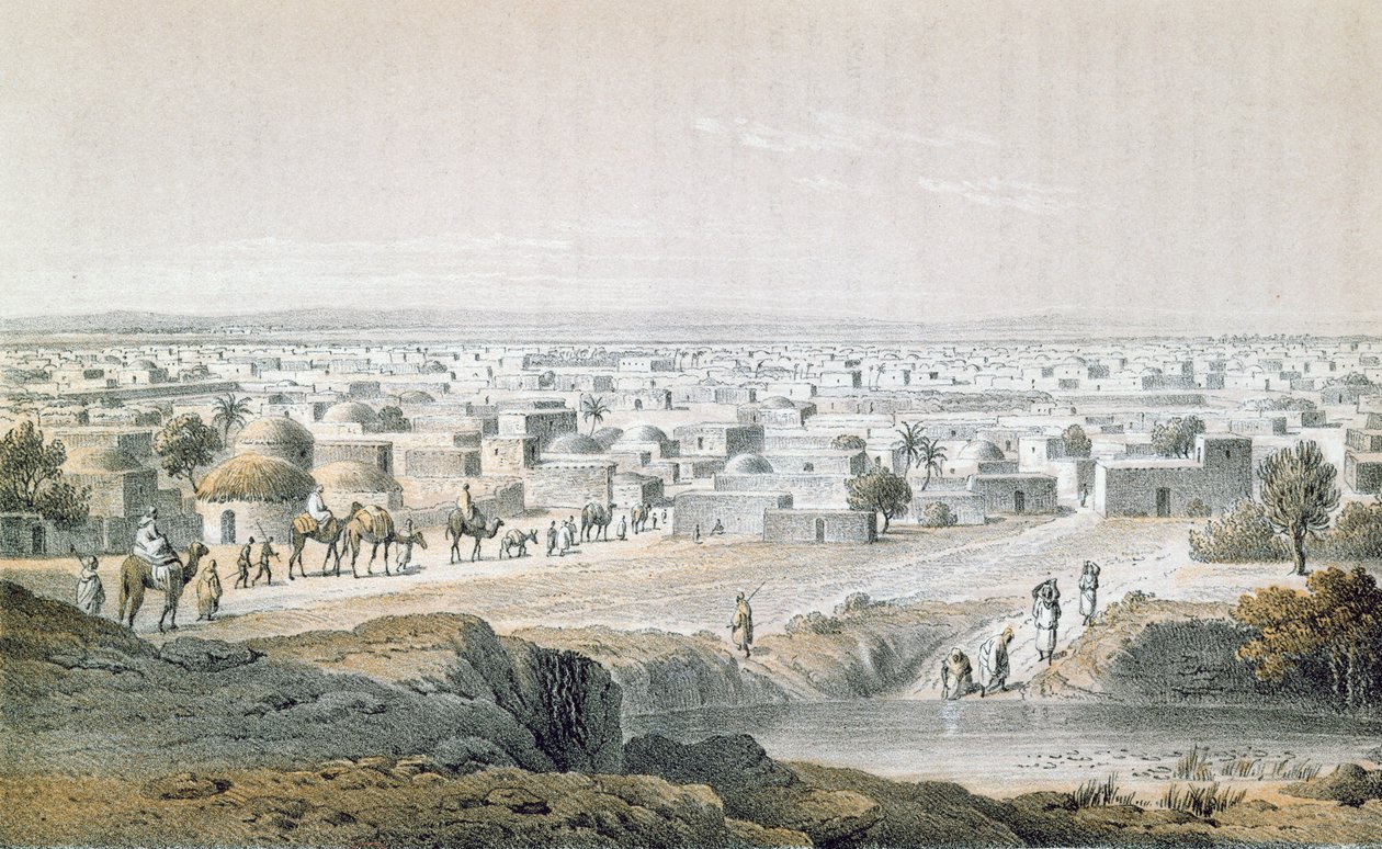 Kano, Nigeria, i 1851, fra 'Reiser og oppdagelser i Nord- og Sentral-Afrika' av Heinrich Barth (1821-65) utgitt 1857 (fargegravering) av Johann Martin Bernatz