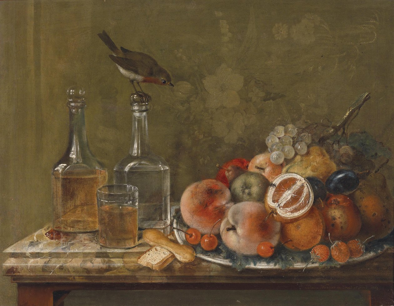 Stilleben med frukt og glasskarafler av Johann Matthias Wurzer