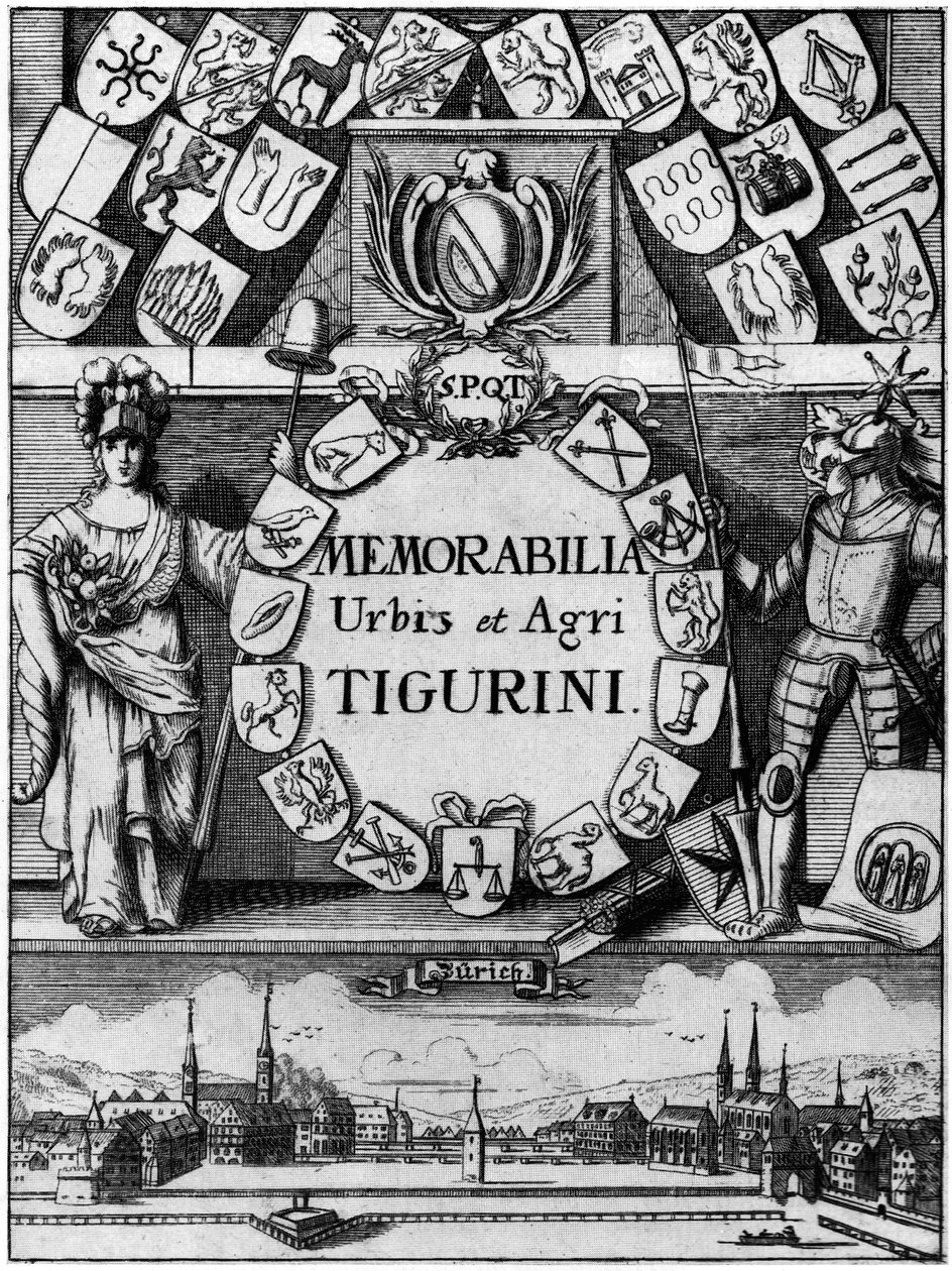 Tittel kobber av den tredje, utvidede utgaven av Hans Heinrich Bluntſchlis Memorabilibus Tigurinis, utgitt i 1742 av Johann Melchior Füßli