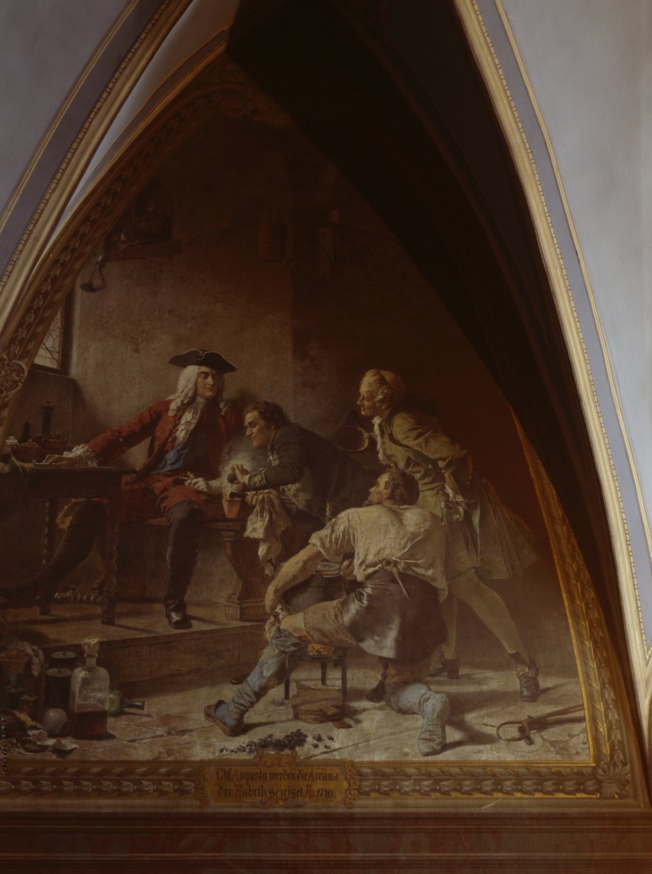 Boettger viser August the Strong hemmeligheten ved å lage porselen av Johann Paul Adolf Kiessling