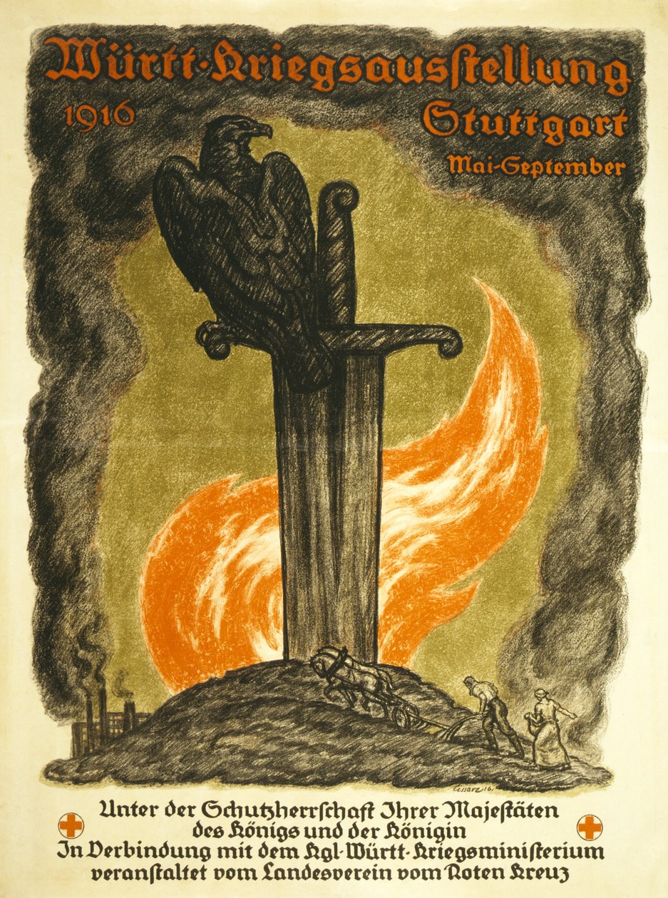 Plakat som reklamerer for en krigsutstilling sponset av Røde Kors Württ War Exhibition, 1916 Stuttgart mai-september, ca. 1916 av Johann Vincenz Cissarz
