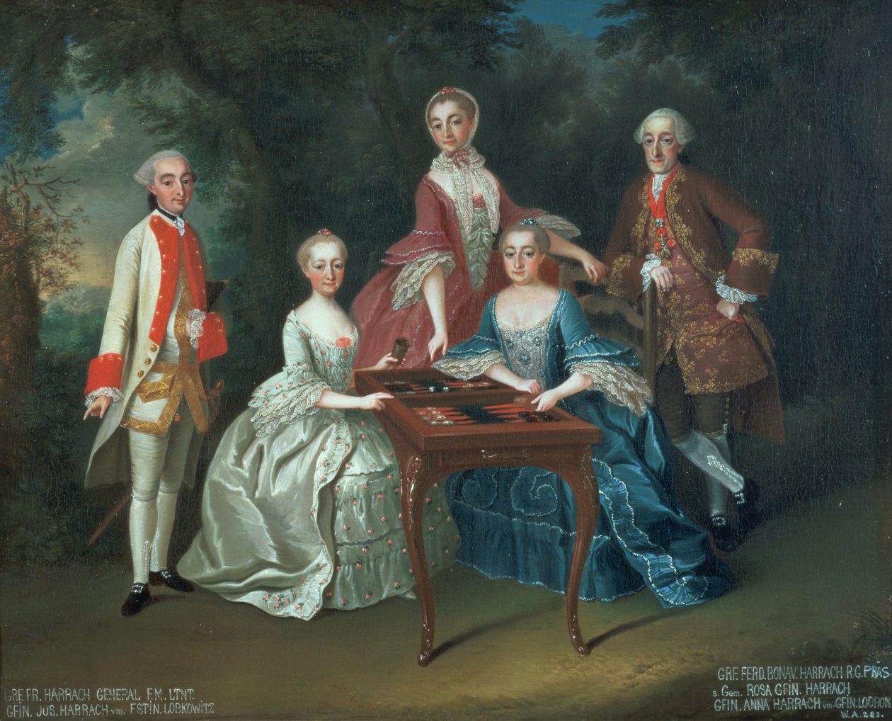 Gruppeportrett av Harrach-familien som spiller backgammon inkludert general grev Ferdinand Harrach, grev Ferdinand Bonaventura Harrach med Rosa, Anna og Josephine av Johann Wilhelm Hoffnas or Hofnaas