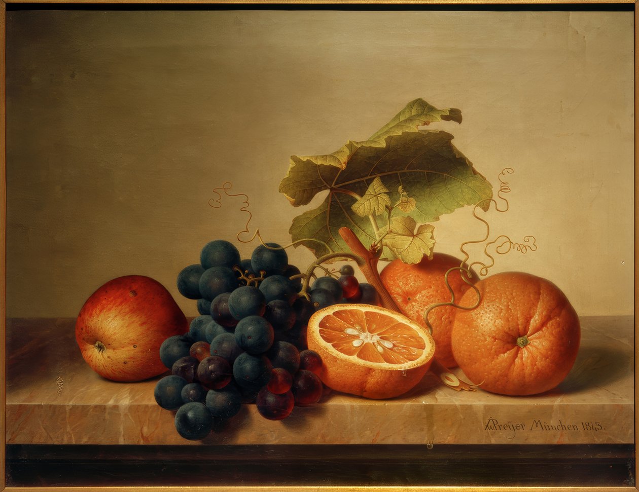 Stilleben med frukt på marmorplate av Johann Wilhelm Preyer