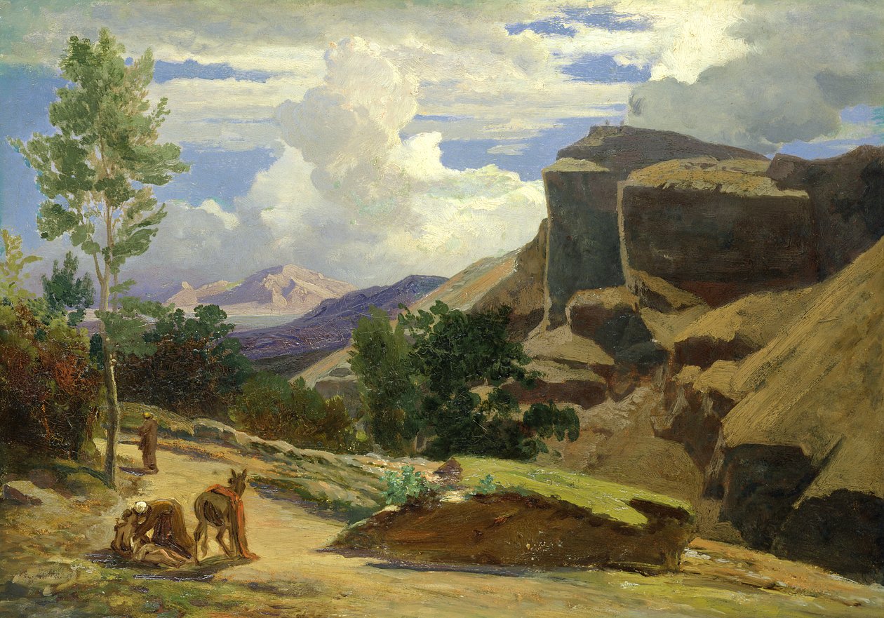 Italiensk landskap (studie) (olje på papir lagt ned på lerret) av Johann Wilhelm Schirmer