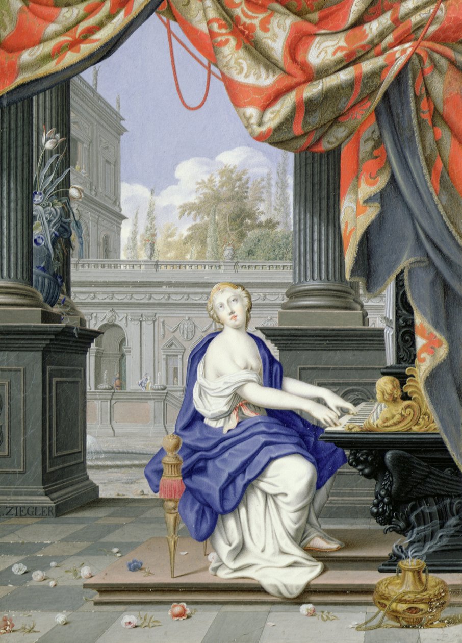 St Cecilia sittende og spiller et orgel (wc und gouache på papir) av Johann Ziegler
