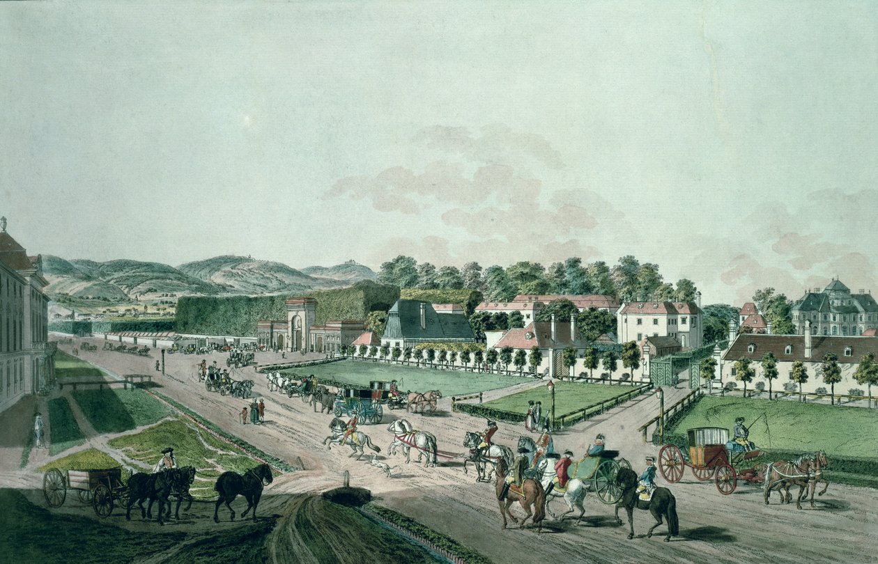 Utsikt over Augarten-palasset og parken, Wien (håndfarget gravering) av Johann Ziegler