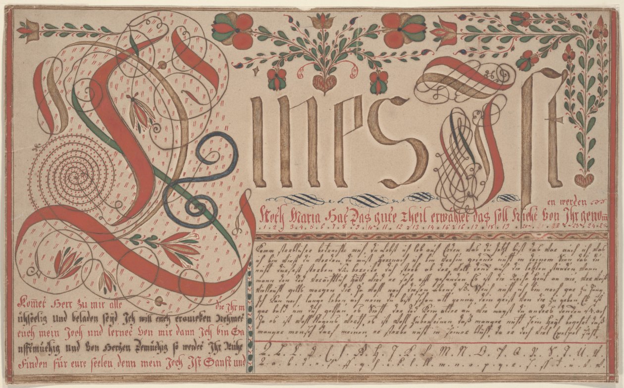 Skriveøvelse Vorschrift for Esther Hadmänn, Fraktur Malepenn og blekk med wc på papir av Johann Adam Eyer