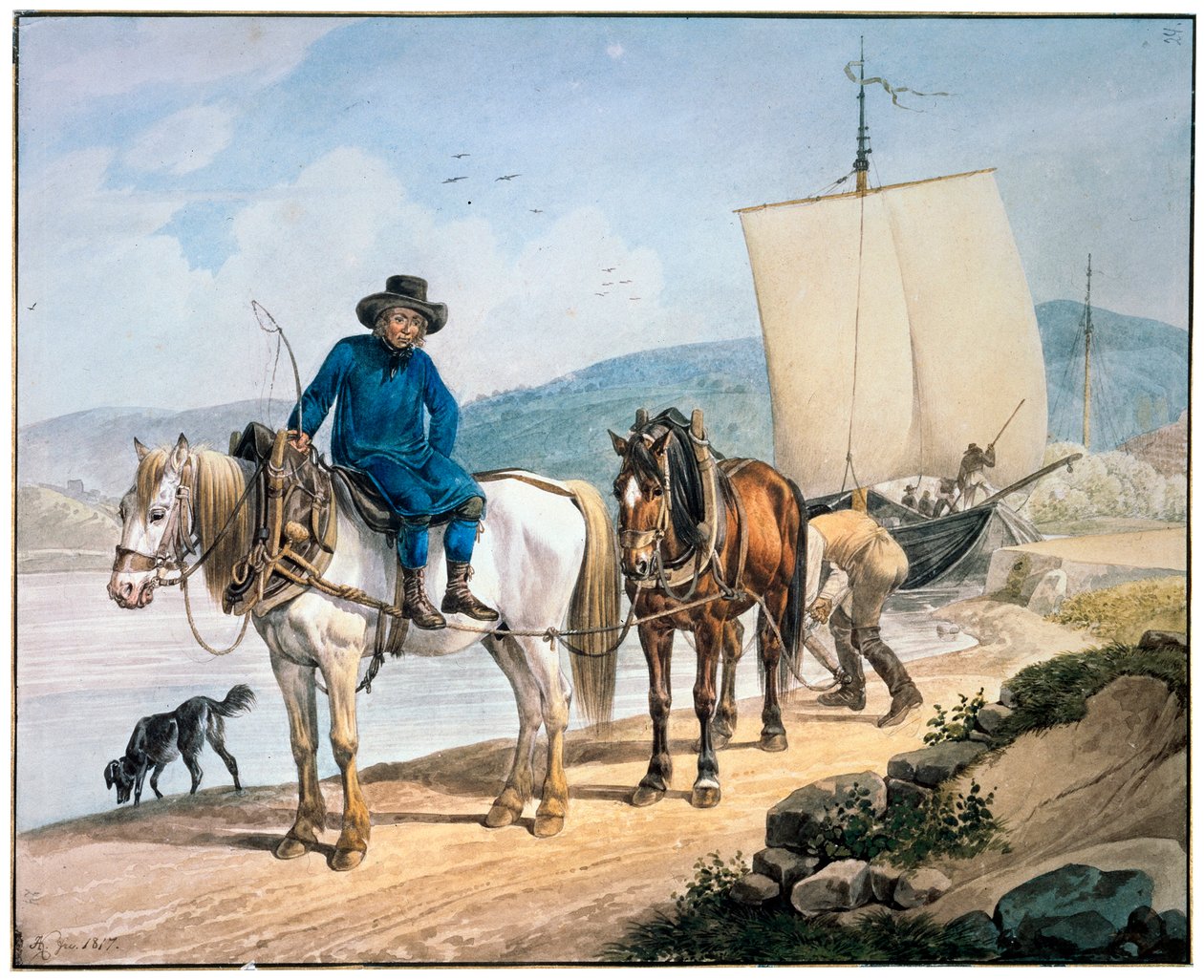 En hest og vogn ved elven, 1817. av Johann Adam Klein