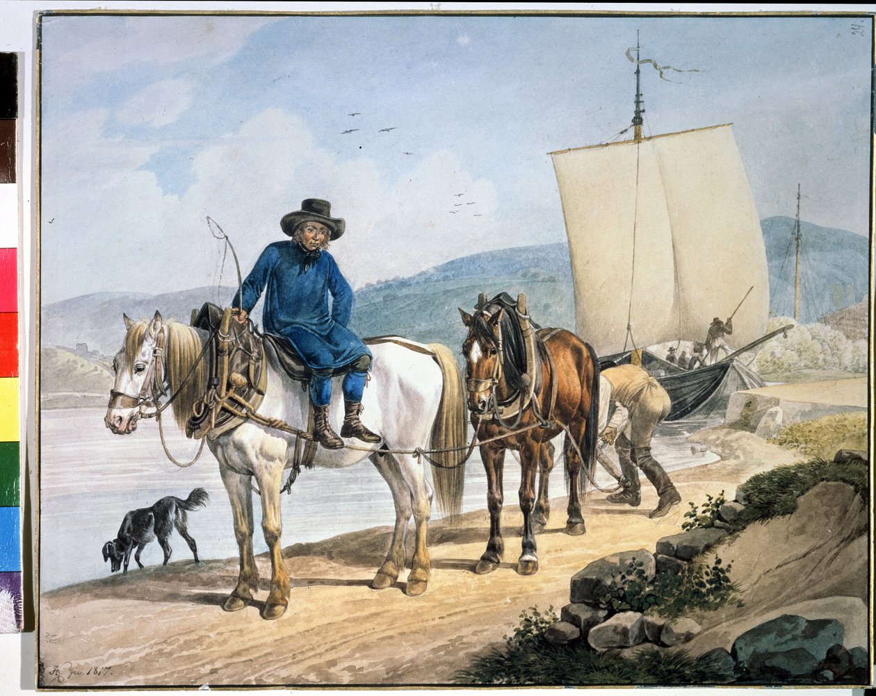 ""En hest og vogn ved elven"". Hester langs en elv som sleper en båt eller brukes til å losse varer på en slepesti". Maleri av Johann Adam Klein (1792-1875) av Johann Adam Klein