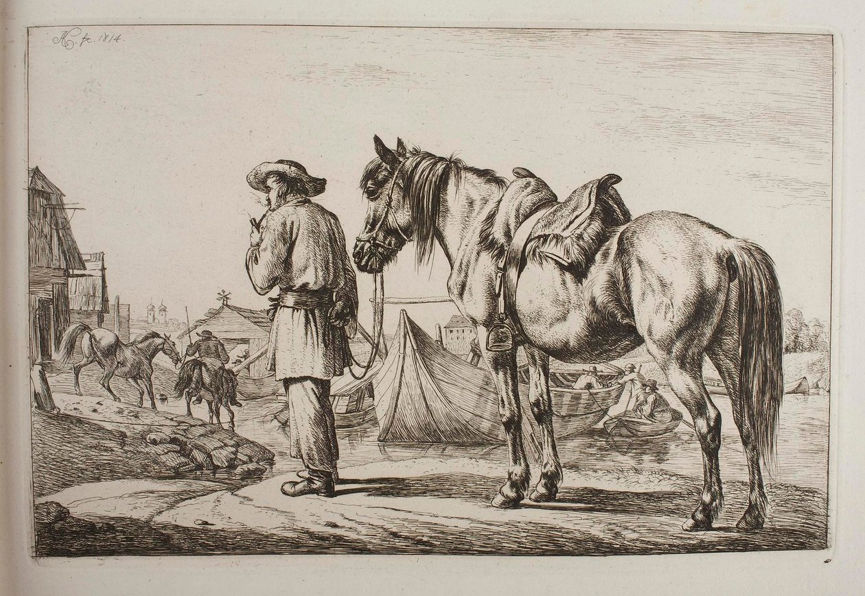 En slovak med hesten sin ved en elv av Johann Adam Klein