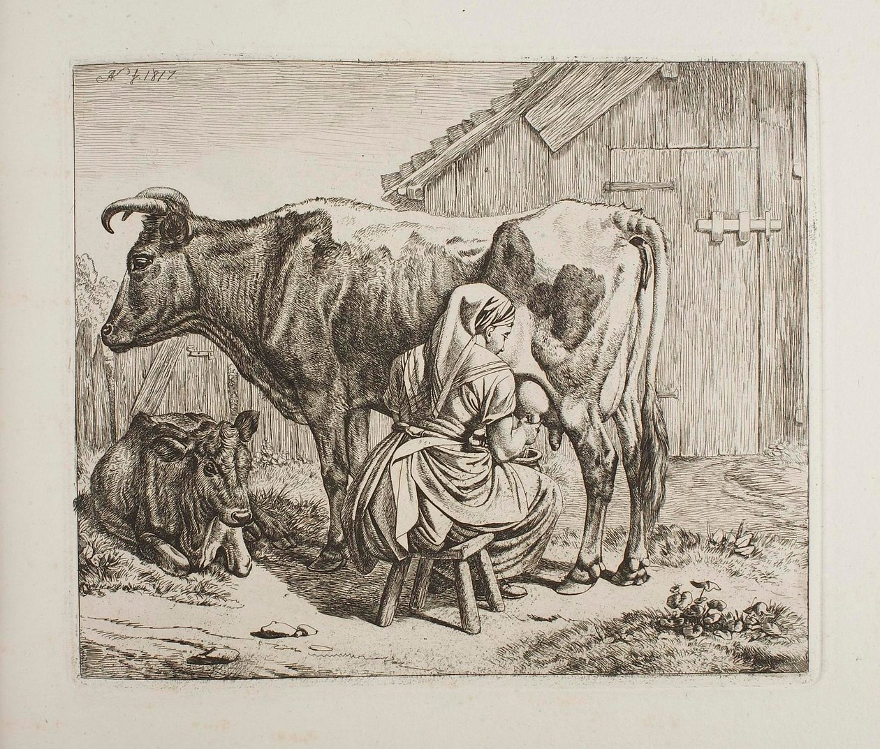 Ku med kalv under melking av Johann Adam Klein
