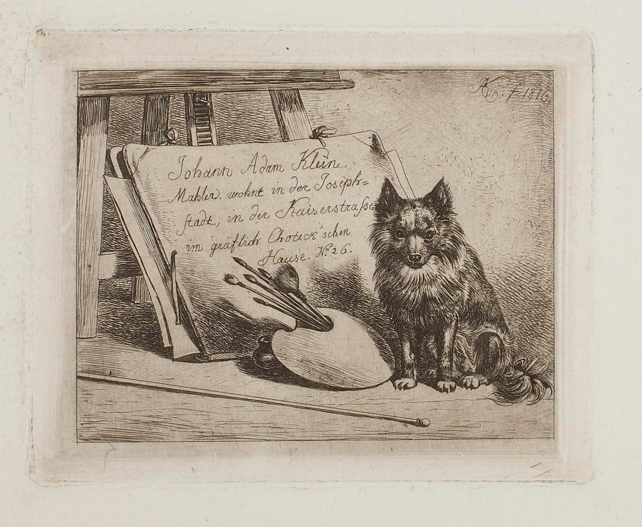 Sittende hund ved malerens redskaper og mappen med kunstnerens adresse av Johann Adam Klein