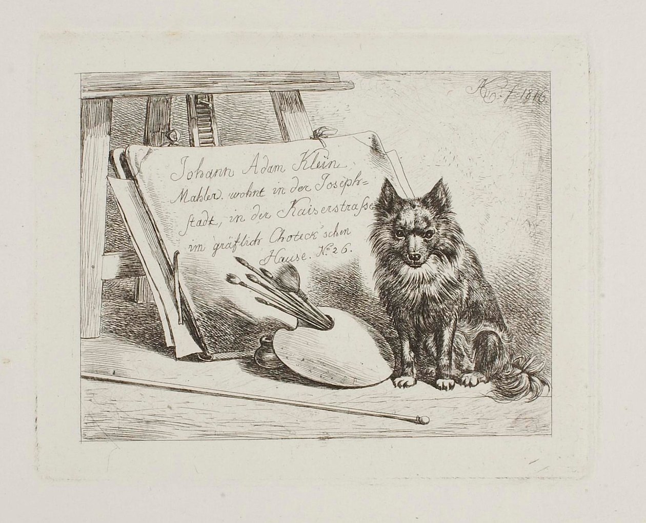 Sittende hund ved malerens redskaper og mappen med kunstnerens adresse av Johann Adam Klein