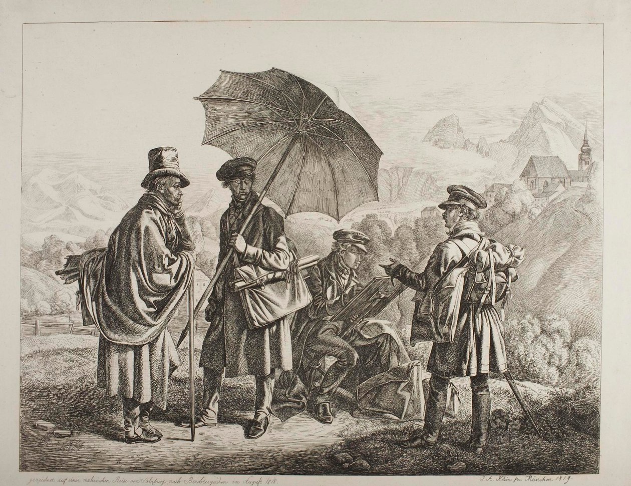 Ernst Welker, Johann Christoph Erhard og brødrene Heinrich og Friedrich Philipp Reinhold på en malerisk reise fra Salzburg til Berchtesgaden i august 1818 av Johann Adam Klein