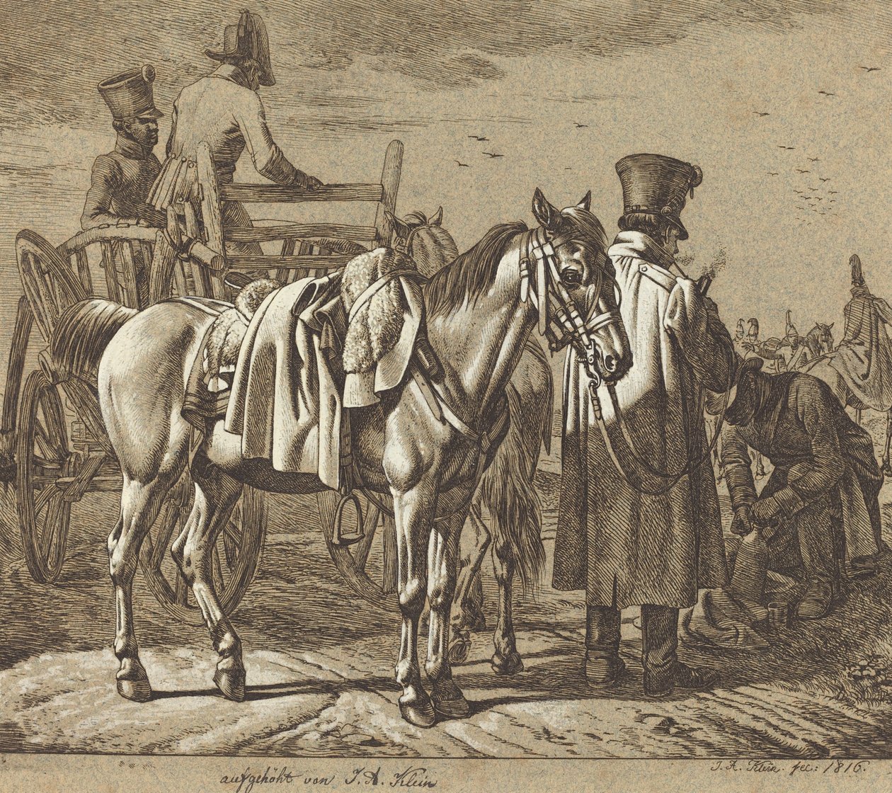 Hest med soldater som røyker pipe/militærscene av Johann Adam Klein