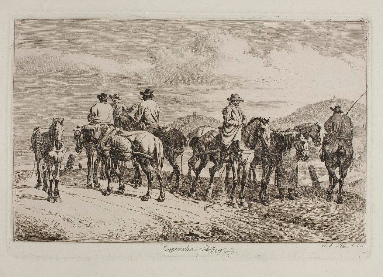 Ungarske hester og ryttere klare til å trekke en båt oppstrøms av Johann Adam Klein