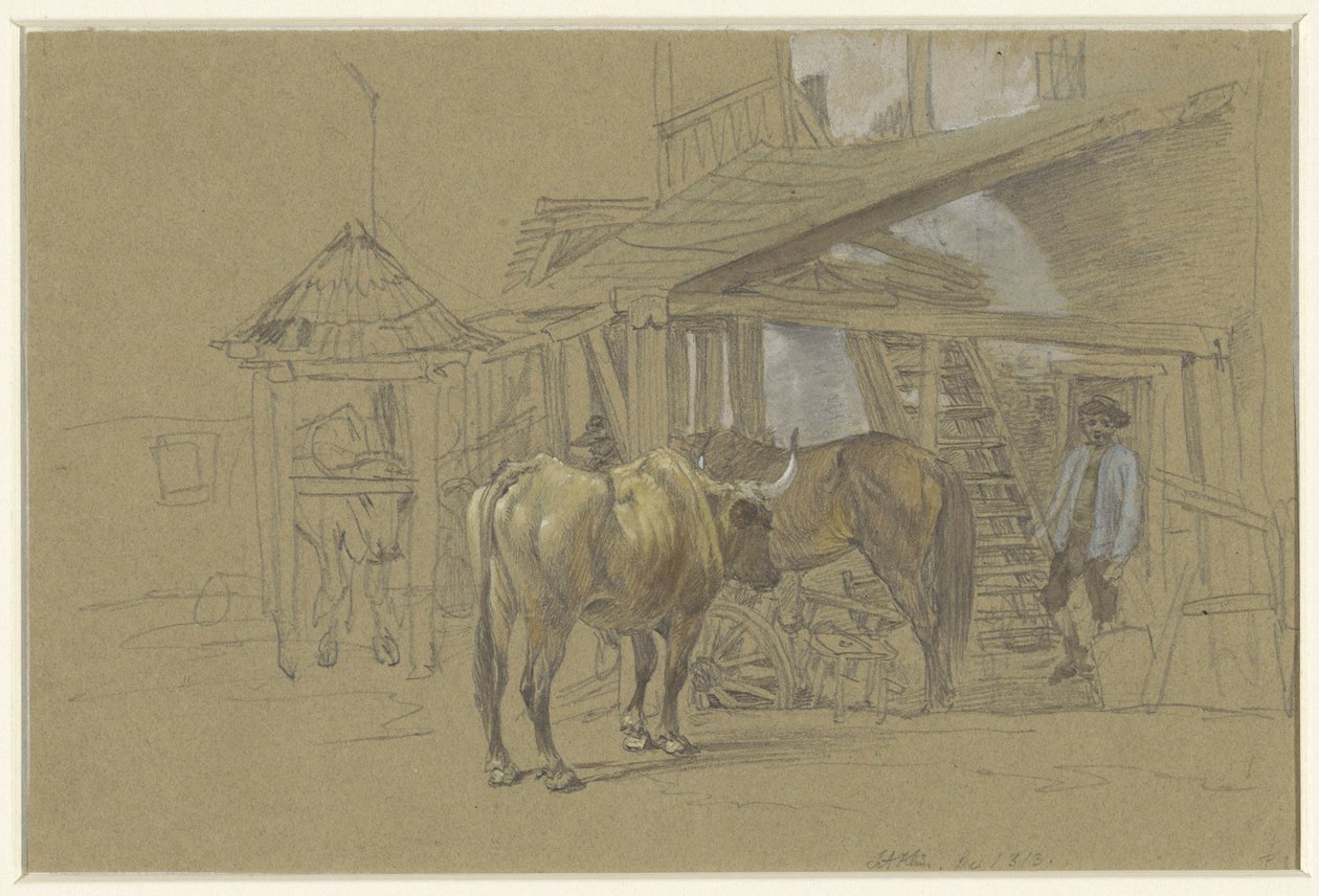 Okser og en hest ved hovslageren av Johann Adam Klein