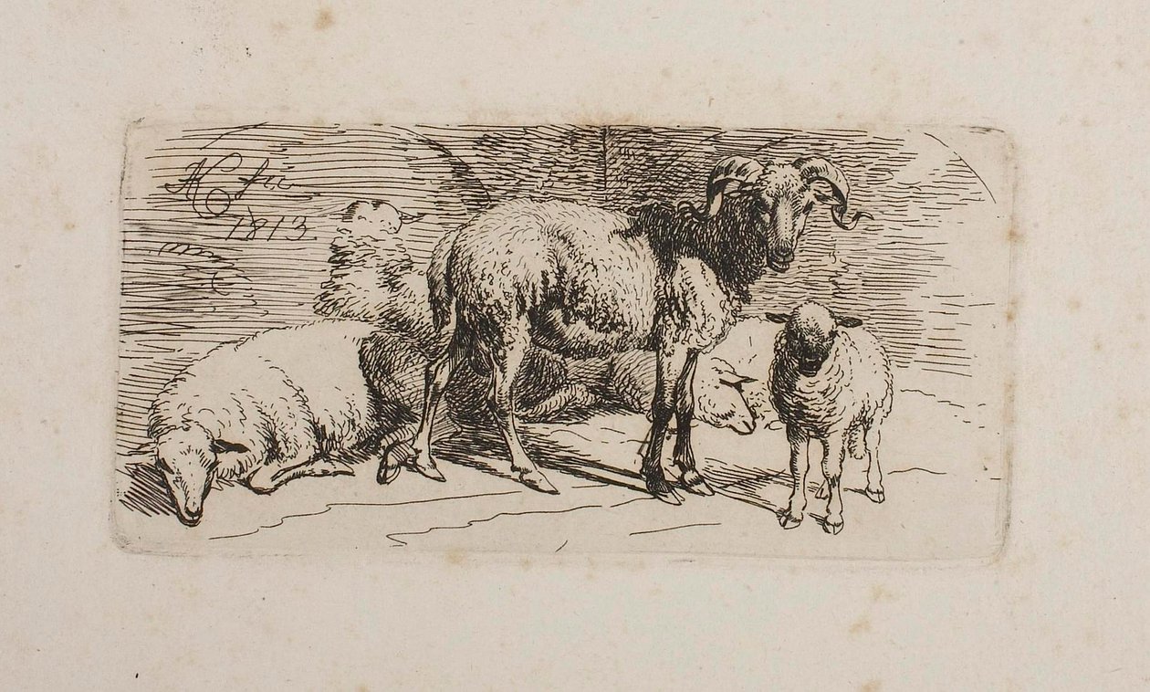 Vær, tre sauer og et lam av Johann Adam Klein