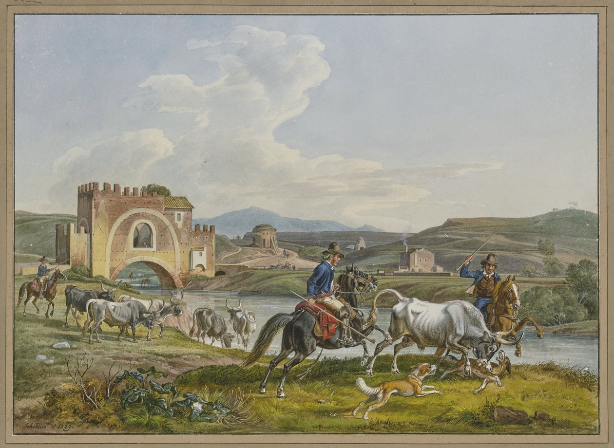 Romerske Campagnoli til hest fanger en okse med hunder av Johann Adam Klein