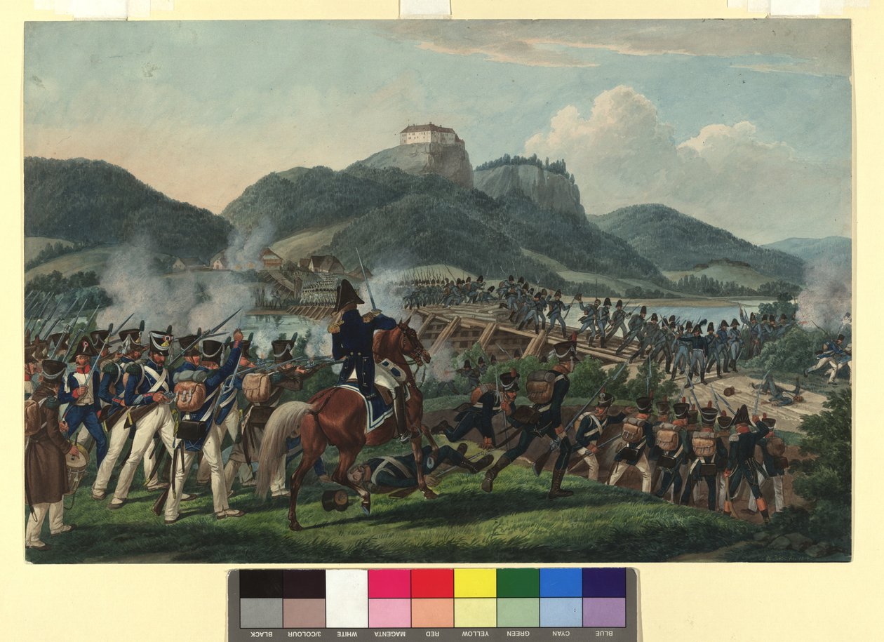 De østerrikske troppenes overgang under baron Hiller ved Hollenburg ved Drava 19. september 1813 av Johann Adam Klein