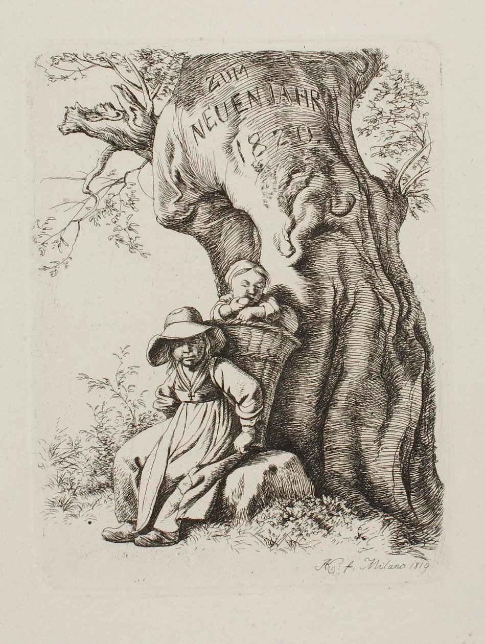Til nyttår 1820. En bondekone med et barn av Johann Adam Klein