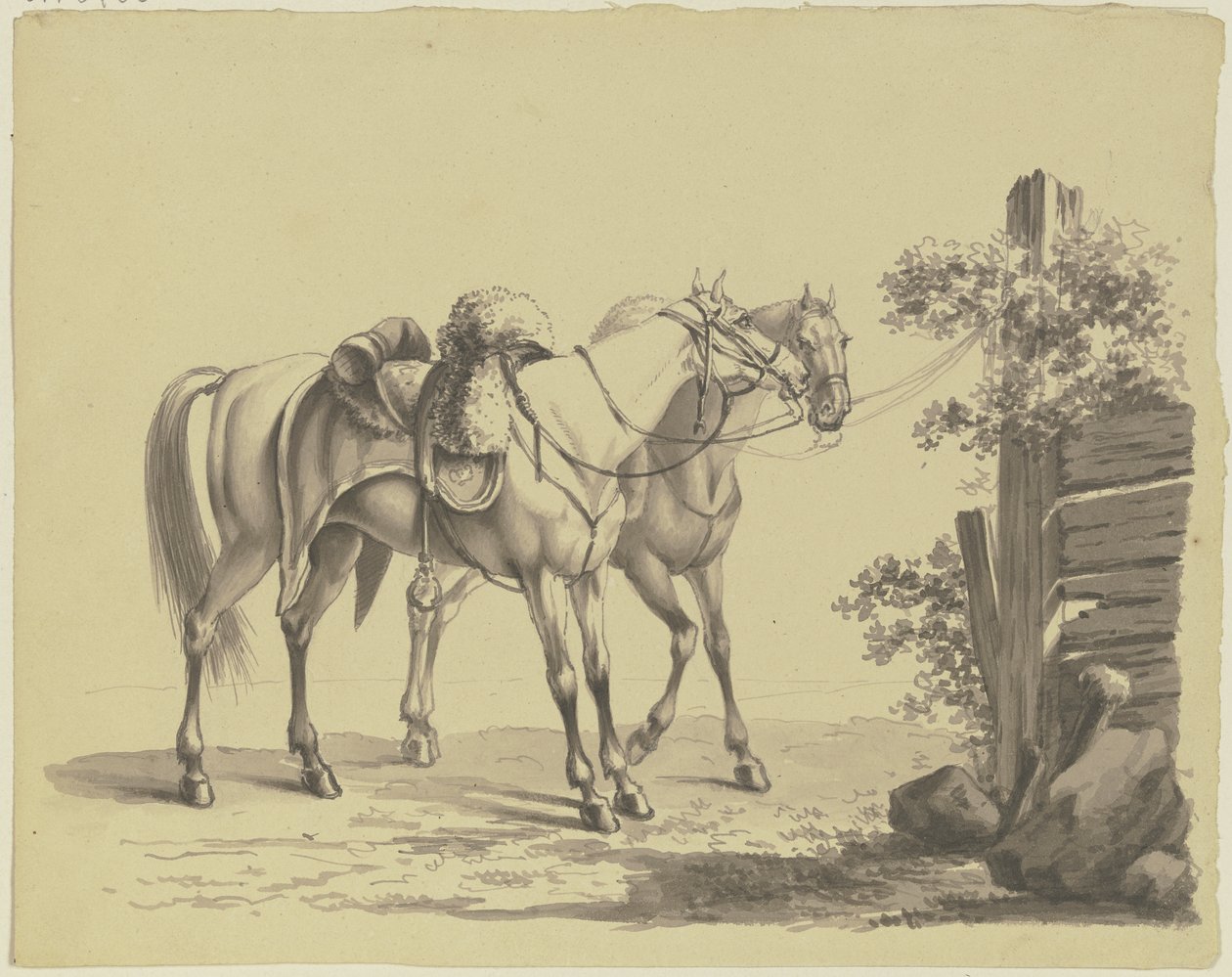 To salede militærhester bundet til en påle av Johann Adam Klein