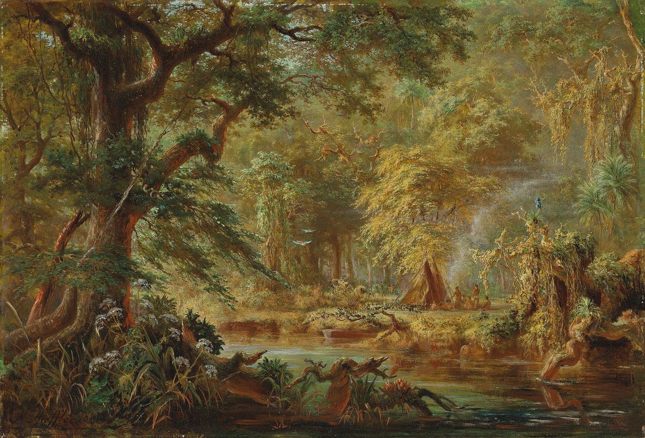 Brasiliansk indianerleir ved en elv i regnskogen av Johann Adolf Höffler