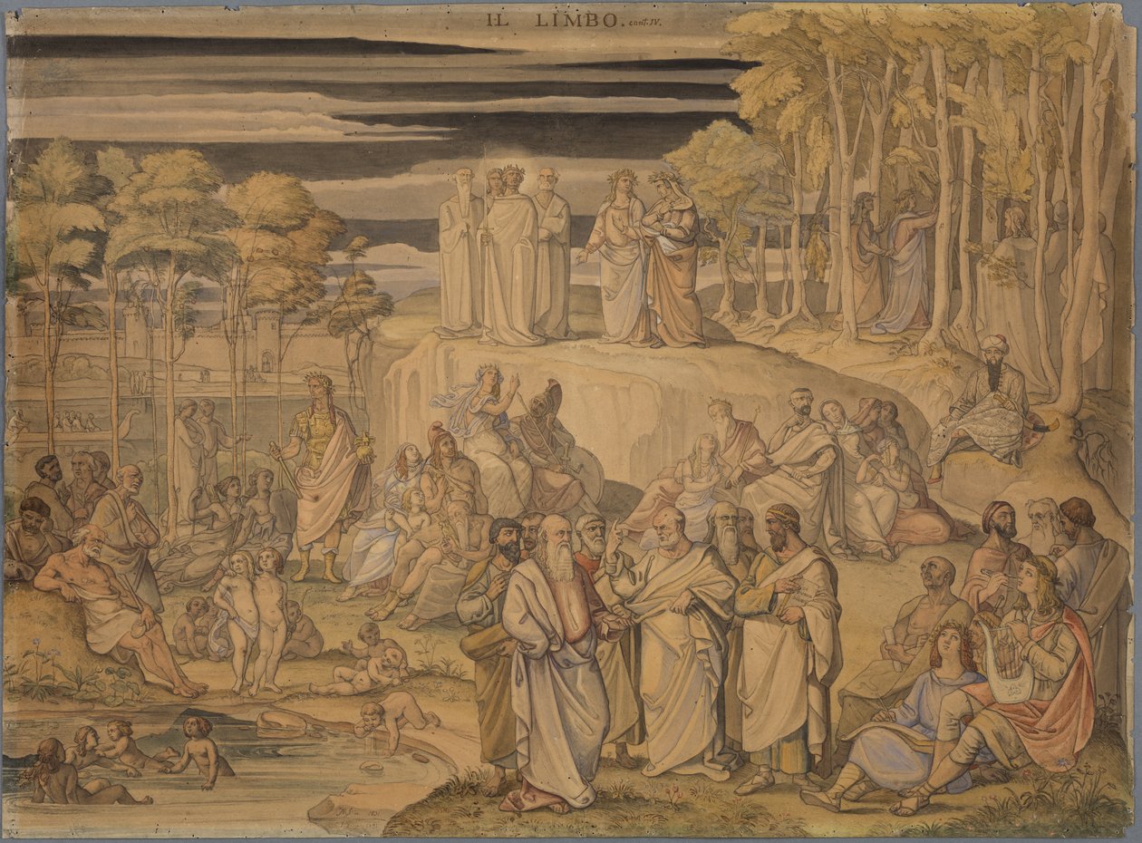 Dante i limbo, eller oppholdsstedet for gode sjeler, men udøpte mennesker. Her møter han oldtidens store ånder og de uskyldige barna av Johann Anton Ramboux