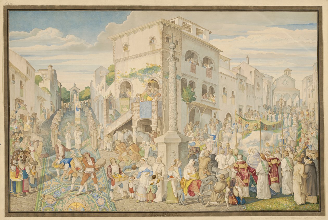 Festligheten, vanligvis kalt Infiorata, i Kristi legems oktav i Genzano av Johann Anton Ramboux