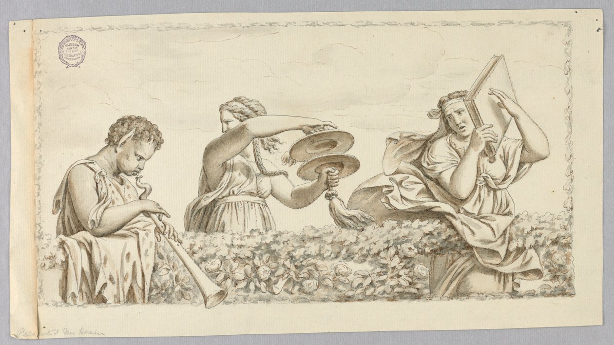En satyrgutt som spiller fløyte, en jente med cymbaler, en kvinne med en bok av Johann August Nahl the Younger