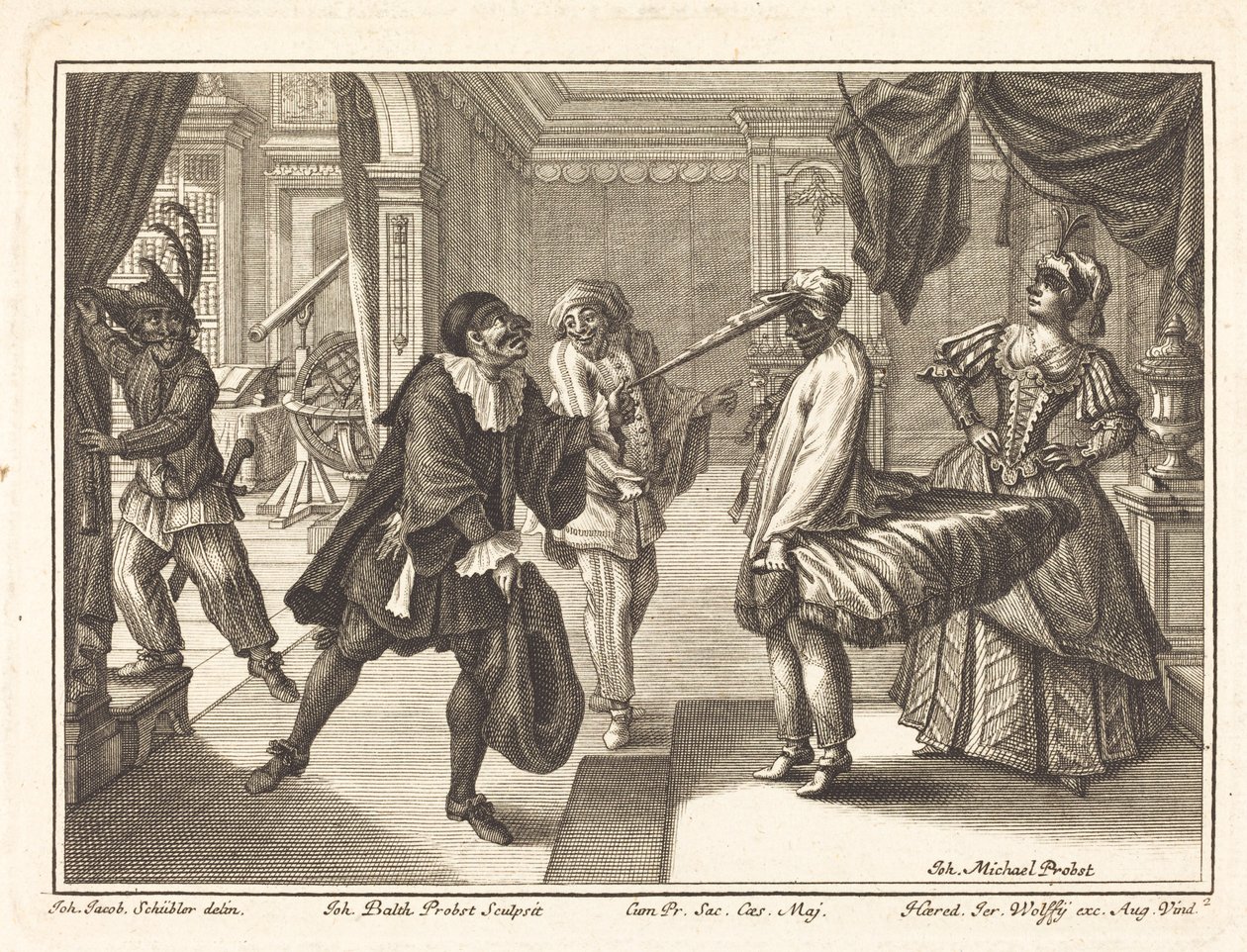 Harlekin hos Dr. Polovards hus av Johann Balthasar Probst after Johann Jacob Schübler