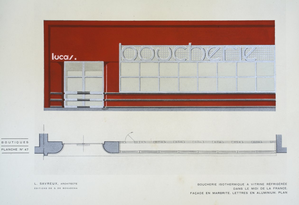 Boucherie Isothermique a Vitrine Refrigeree, L Savreux, Boutiques, Henry Delacroix, Editions S De Bonadona, Paris, slutten av 1920-tallet, Pochoir Print av Johann Baptist Edler von Lampi