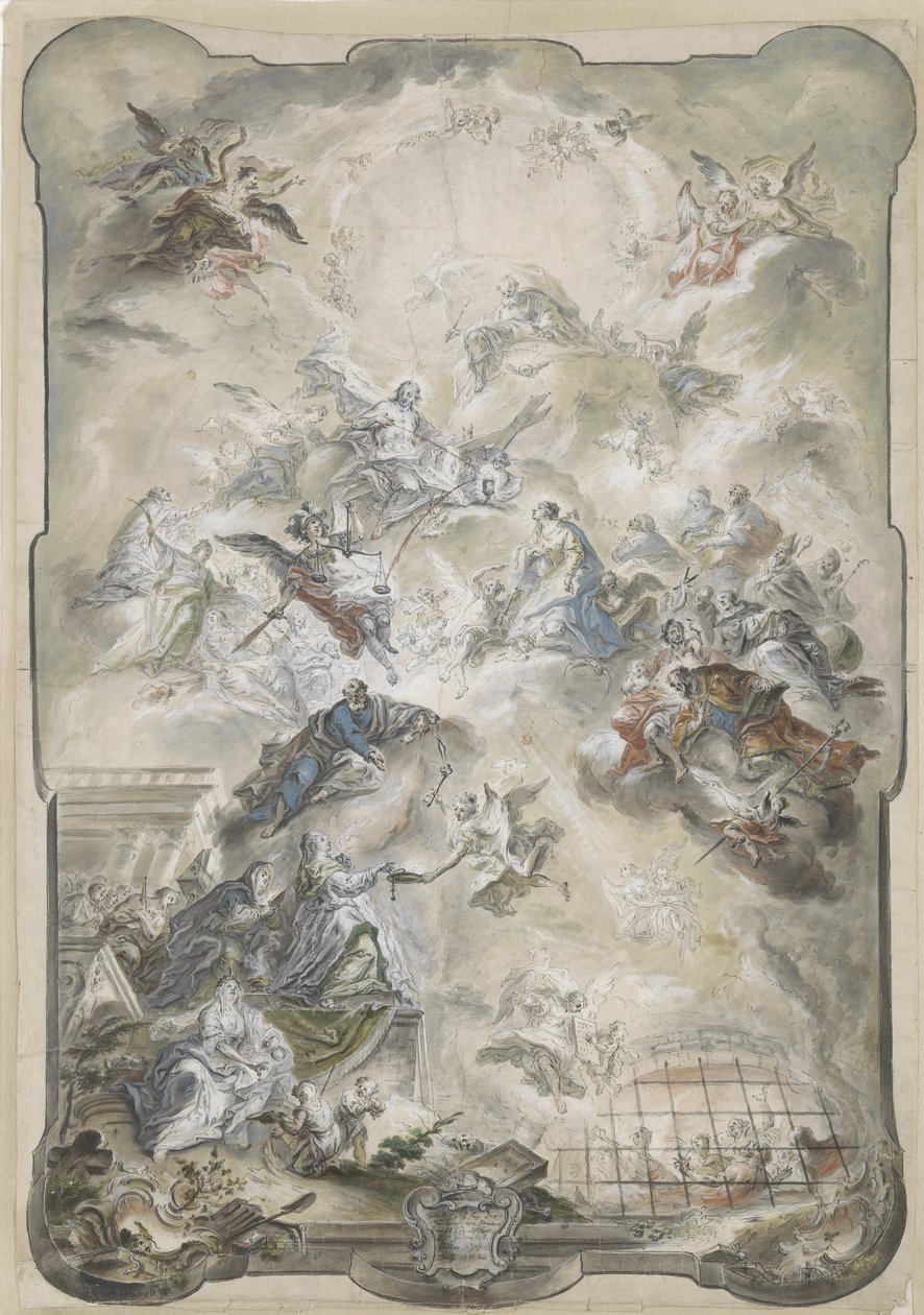 Jomfruen og de hellige som går i forbønn før Kristus for de fortaptes sjeler, 1771 eller før. av Johann Baptist Enderle