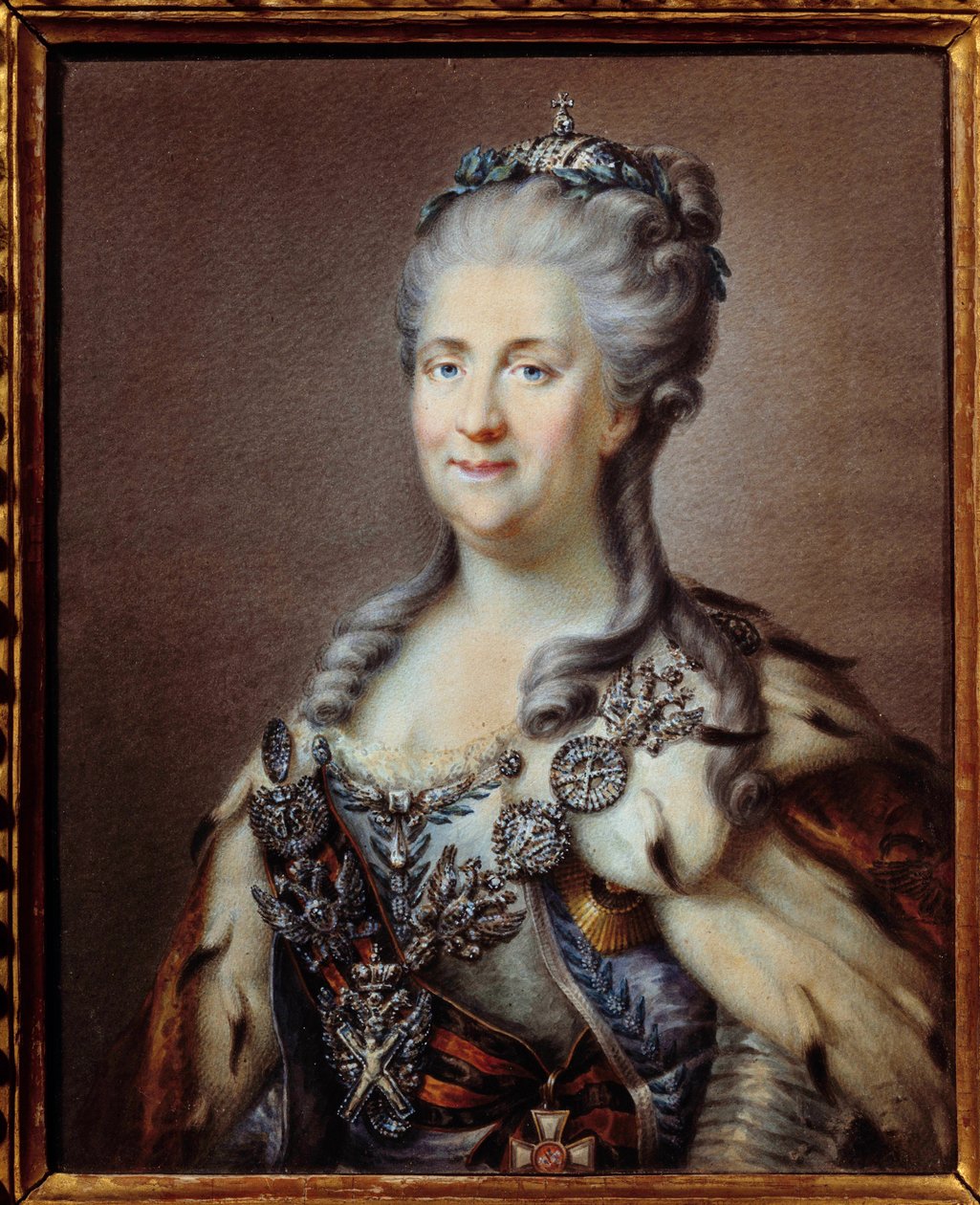 Portrett av Katarina II (1729-1796) imperatrice av Russland med halskjedet til Saint Andre og snoren til korset til Saint George Anonymous akvarell fra 1700-tallet, ifølge maleriet av Johann Baptist von Lampi (1751-1830) Paris, museum av Johann Baptist I (after) Lampi