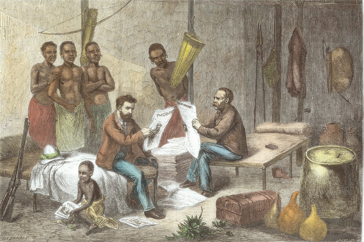 Dr. David Livingstone (1813-73) og Mr. Henry Morton Stanley (1841-1904) mottar aviser i Sentral-Afrika, gravert av Pearson (senere fargelegging) av Johann Baptist Zweecker