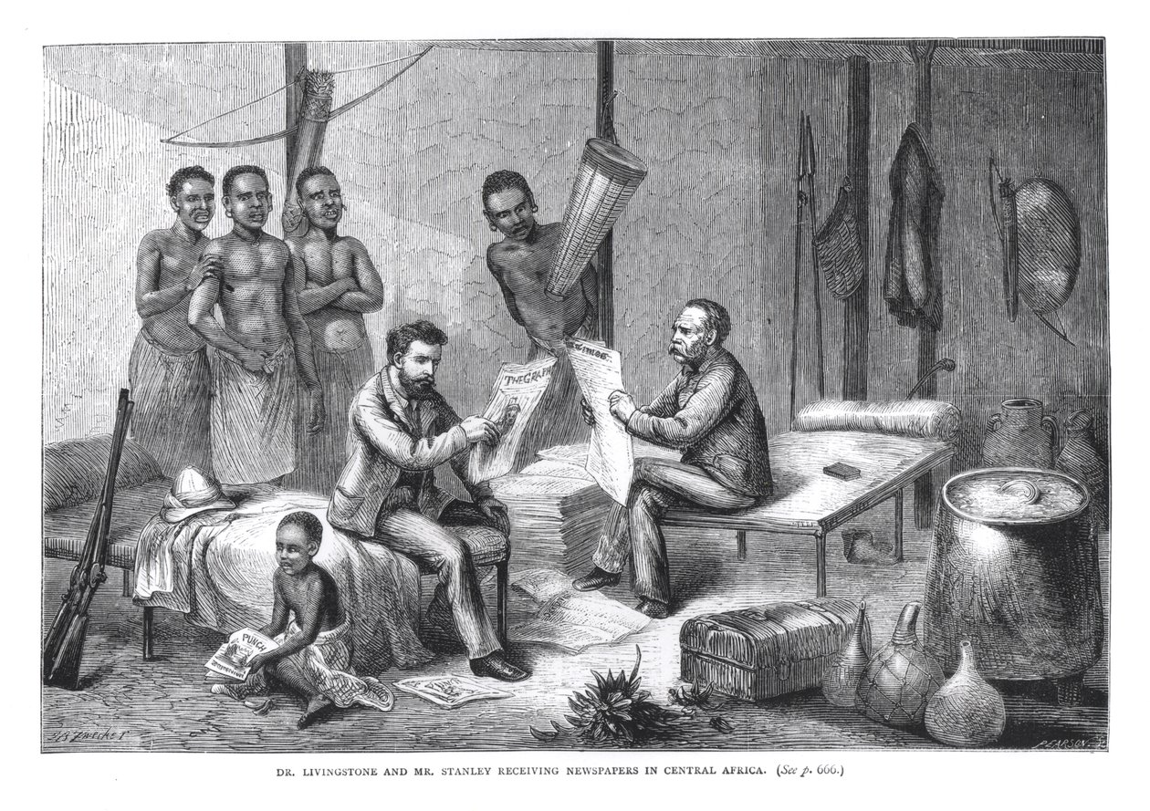 Dr. David Livingstone (1813-73) og Mr. Henry Morton Stanley (1841-1904) mottar aviser i Sentral-Afrika, gravert av Pearson av Johann Baptist Zweecker