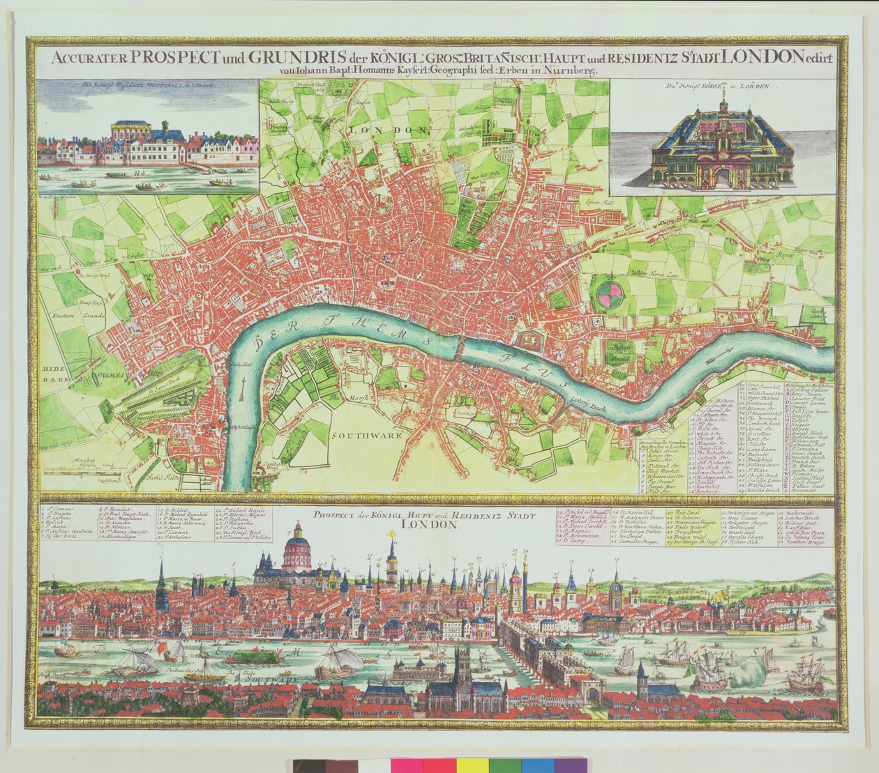 Luftkart over London, og utsikt over Themsen fra South Bank, med St. Paul's og London Bridge, av Johann B. Homann, ca. 1730 (håndfarget gravering) av Johann Baptista Homann