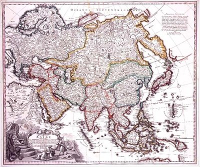 Lilleasia, Arabia og Japan, ca. 1725 (farget gravering) av Johann Baptista Homann