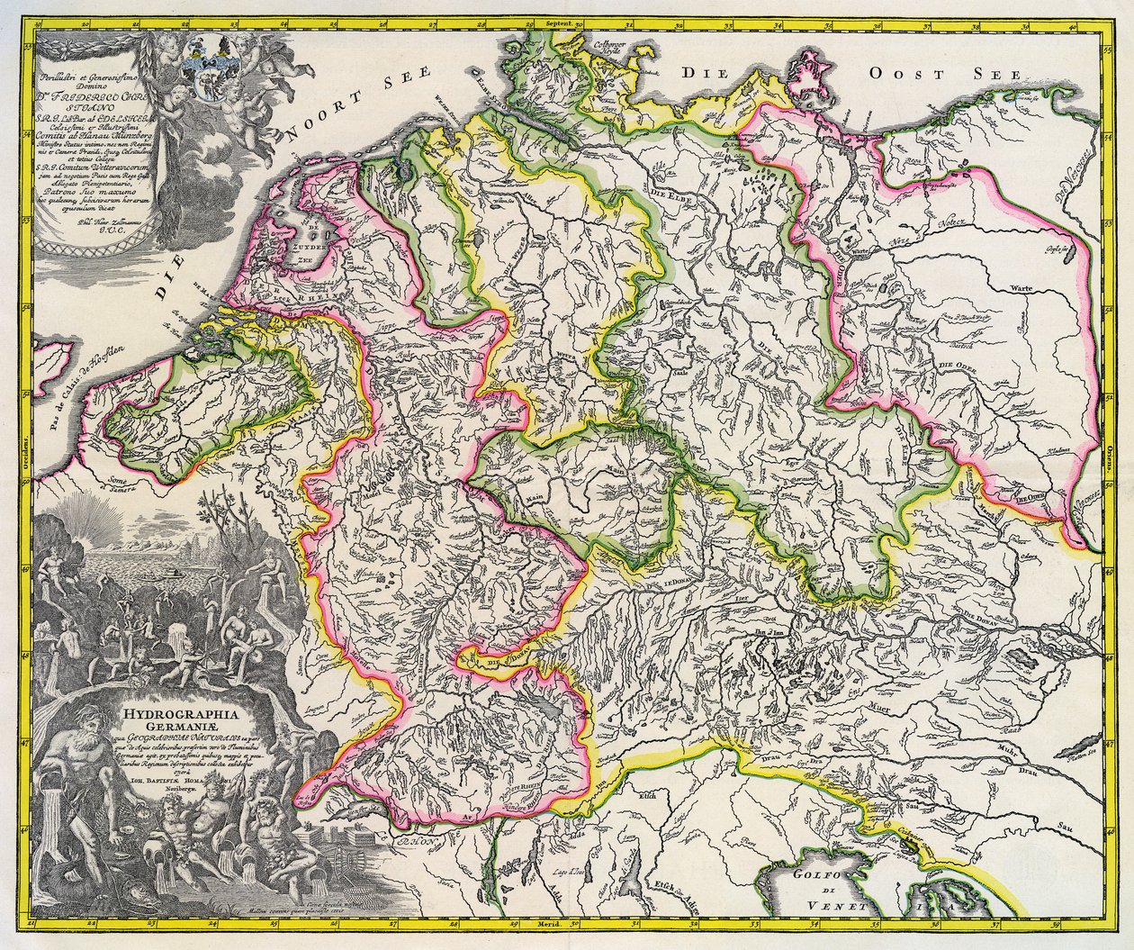 Hydrografisk kart over Tyskland, ca 1720 (gravering) av Johann Baptista Homann
