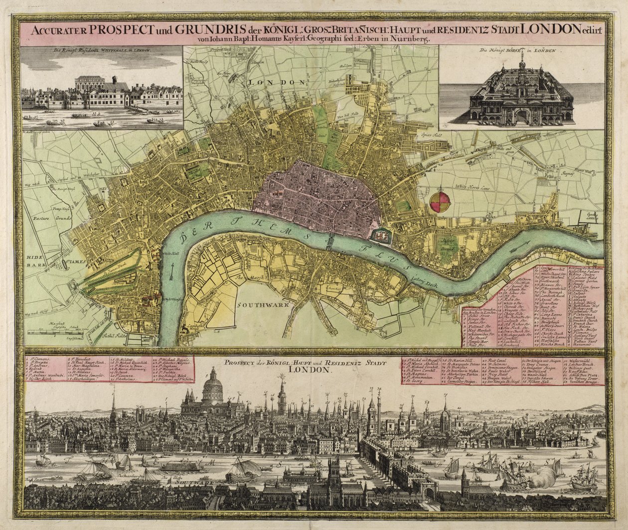 Kart og prospekt av London, ca. 1710 (håndfarget gravering) av Johann Baptista Homann