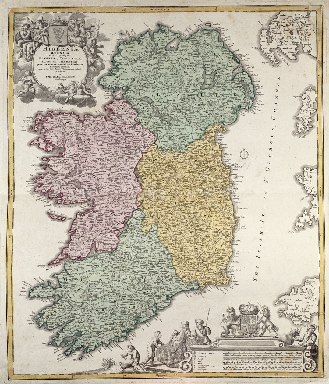 Kart over Irland som viser provinsene Ulster, Munster, Connaught og Leinster, av Johann B. Homann, ca. 1730 (håndfarget gravering) av Johann Baptista Homann