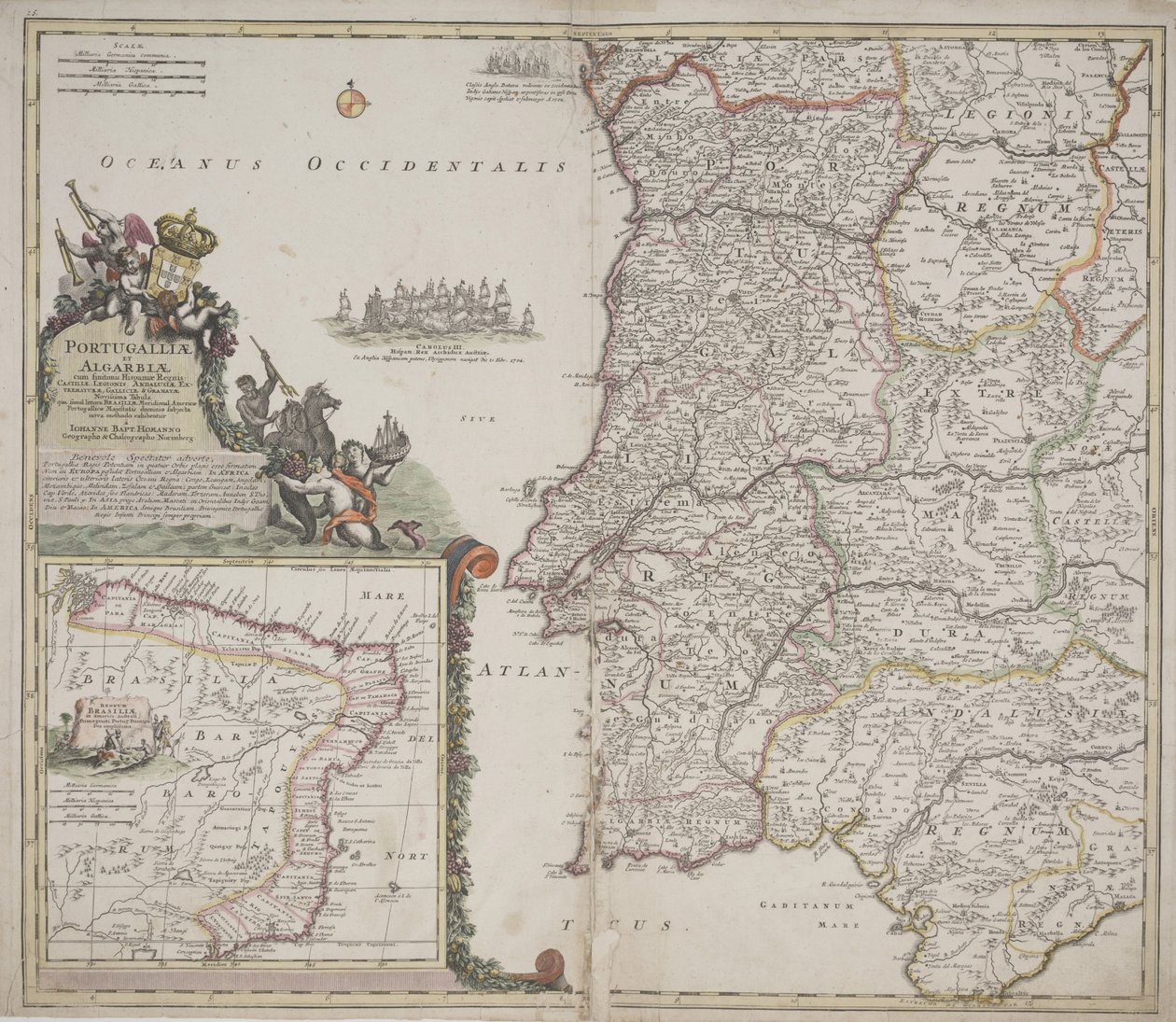 Portugal og Algarve (Portugallia et Algarbiae), ca. 1704 (håndfarget etsning) av Johann Baptista Homann