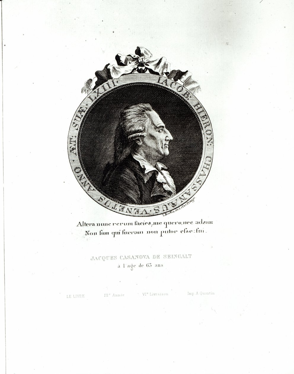 Medaljongportrett av Giacomo Casanova (1725-98) 63 år, 1788 (gravering) (bw-foto) av Johann Berka