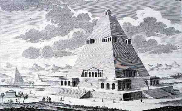 En pyramide utenfor Theben, Egypt, fra "Design of a Historic Architecture" av Johann Bernhard (after) Fischer von Erlach