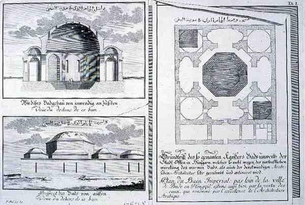 Plan, høyde og tverrsnitt av de keiserlige badene, Budapest, Ungarn, fra "Blueprint of a historisk arkitektur" av Johann Bernhard (after) Fischer von Erlach