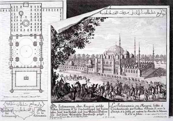 Plan og utsikt over Suleymaniye-moskeen, Istanbul, fra "Design av en historisk arkitektur", gravert av Johann Adam Delsenbach av Johann Bernhard (after) Fischer von Erlach