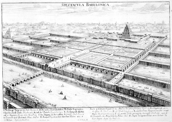 Utsikt over det gamle Babylon som viser de hengende hagene og tempelet til Jupiter Belus, plate 3 fra 